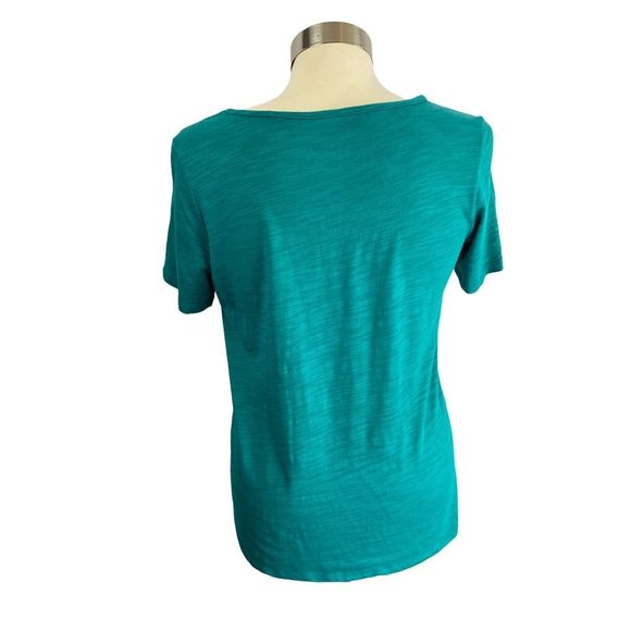 XS DG2 Diane Gilman Women's Teal V-Neck Mesh Paisley Overlay Short Sleeve Tshirt - Picture 4 of 7